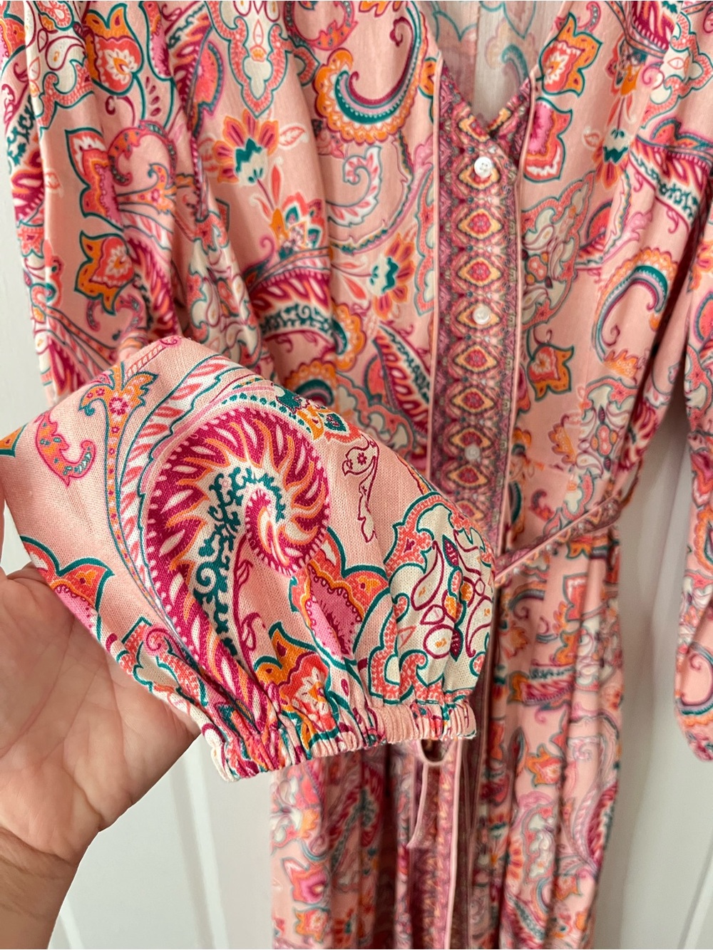 Venus Pink Paisley Boho Linen Long Sleeve Belted Maxi Dress Size 12 - Picture 7 of 9